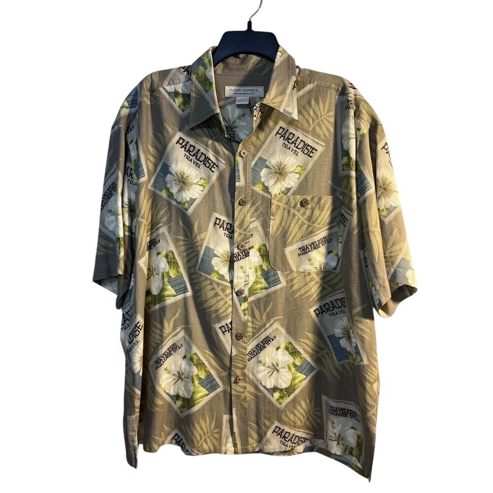Island Republic Men's Shirt Short Sleeve Button Up 100% Silk‎ XL Hawaii Beach